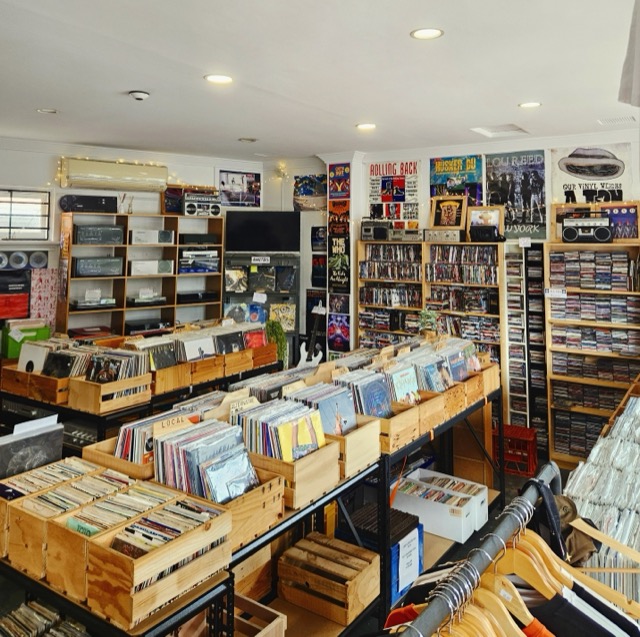 Crates of new and second-hand records inside the shop