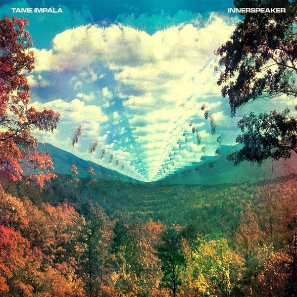 Album cover of Tame Impala's Innerspeaker: a mirrored landscape of trees and sky